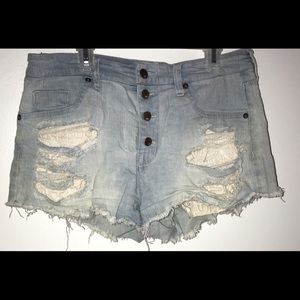 High Rise Denim Shorts With Lace Pockets